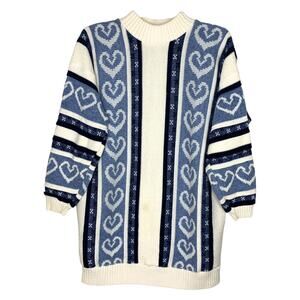 Vintage Heart Knit Striped Mock Neck Sweater Large